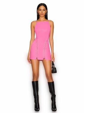 Noam “Kitty” Dress Barbie Pink Coated Denim Lace Up Mini Dress In Medium NWT!
